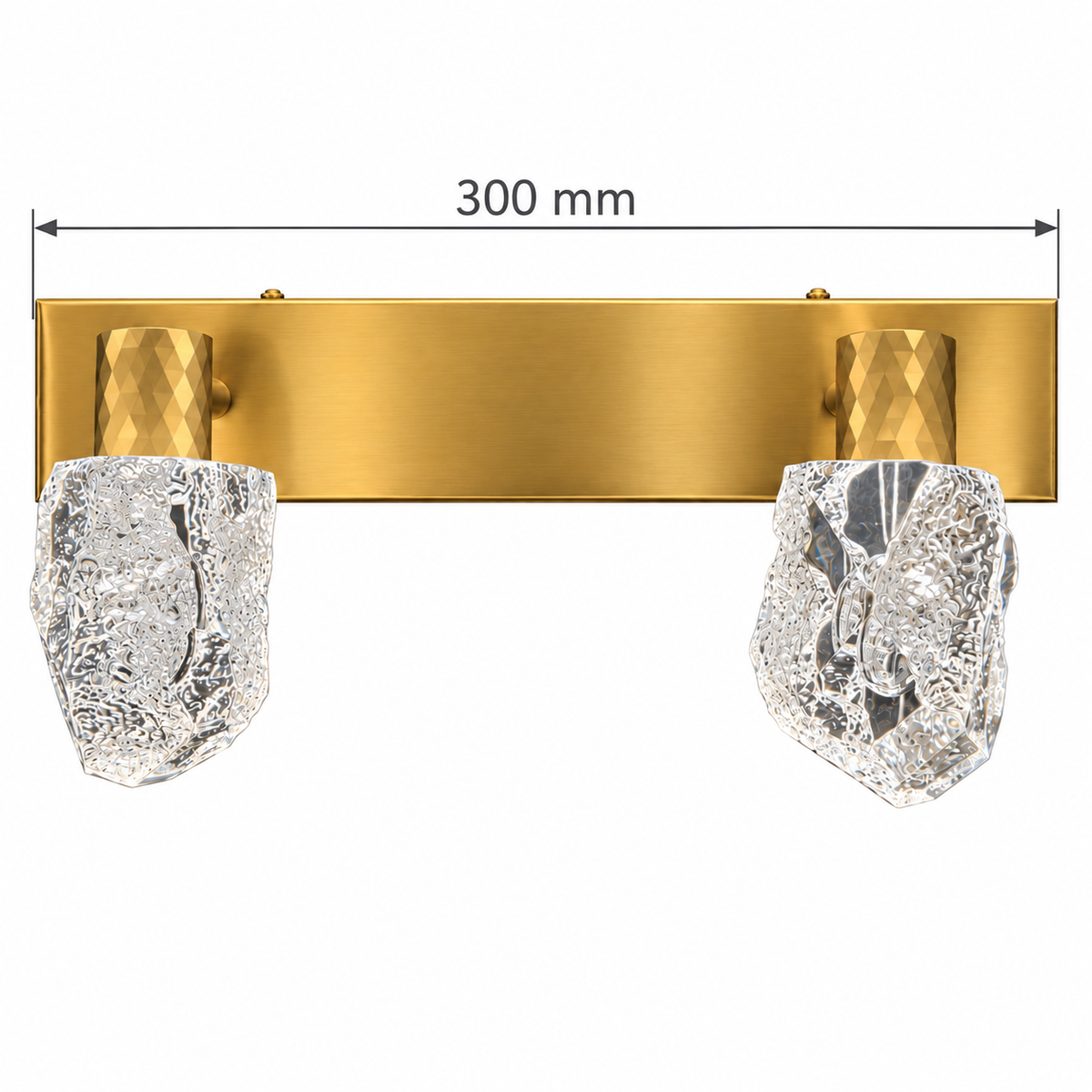 Gold Faceted Acrylic 2-Head Picture Light, 300 mm dimension view showing overall length 300 mm