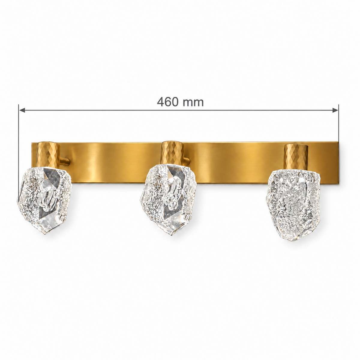 Gold Faceted Acrylic 3-Head Picture Light, 460 mm dimension view showing overall length 460 mm