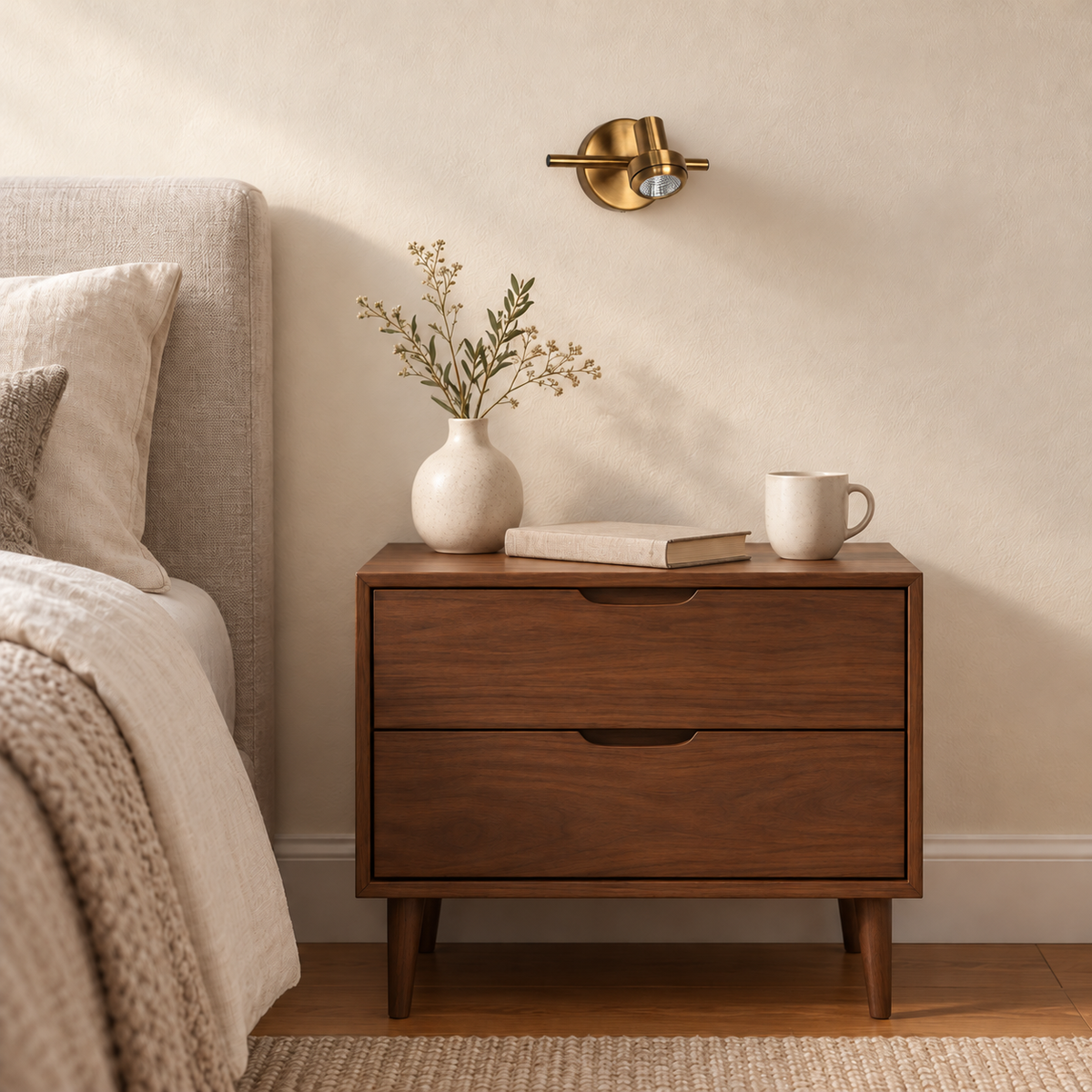 Gold-Toned Round-Plate 1-Spot Picture Light, 180 mm installed in a residential interior in daylight, light off