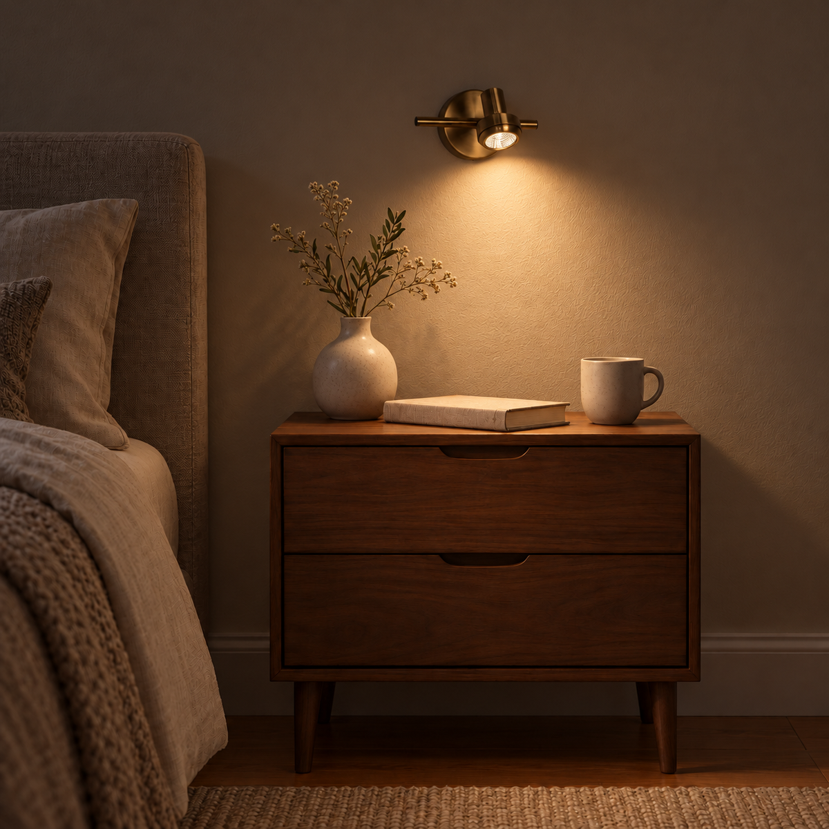 Gold-Toned Round-Plate 1-Spot Picture Light, 180 mm illuminated in the same residential interior at night