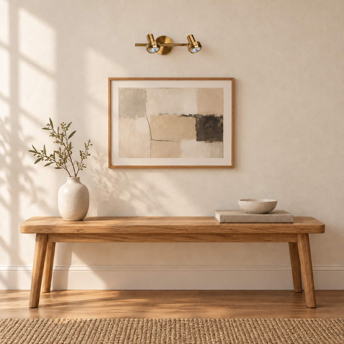 Gold-Toned Round-Plate 2-Spot Picture Light, 320 mm installed in a residential interior in daylight, light off