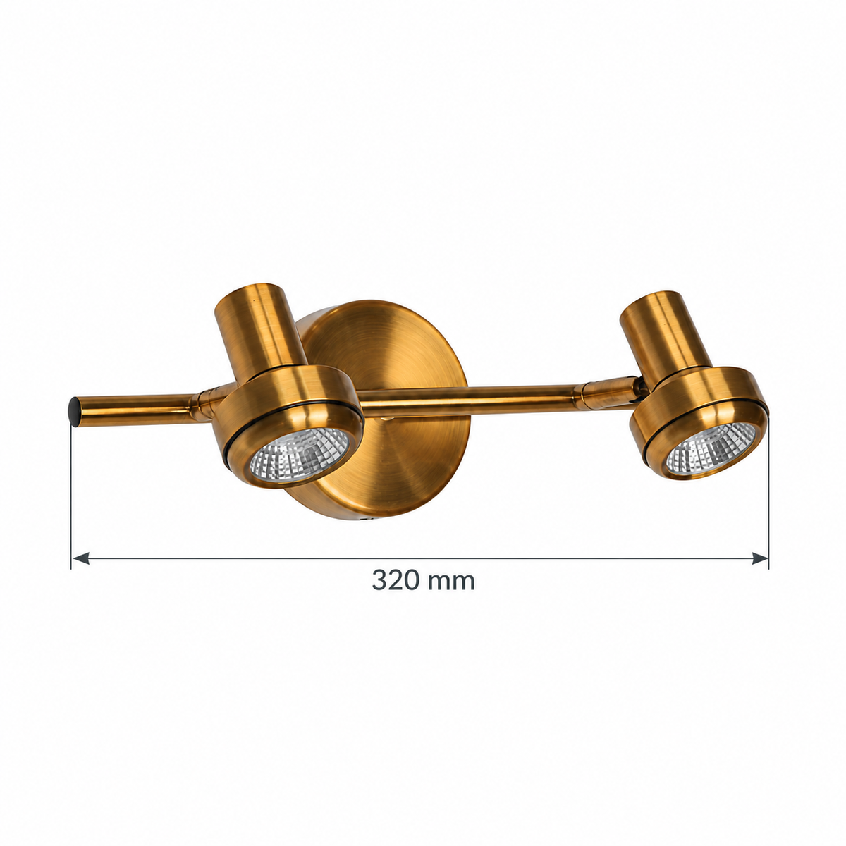 Gold-Toned Round-Plate 2-Spot Picture Light, 320 mm dimension view showing overall horizontal span 320 mm