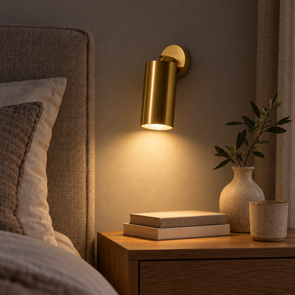 Gold-Toned Single Cylinder Wall Light, 180 mm illuminated in the same residential interior at night