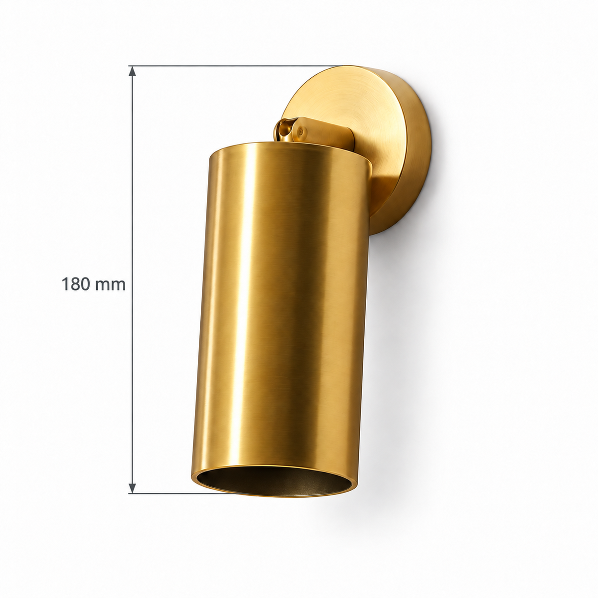 Gold-Toned Single Cylinder Wall Light, 180 mm dimension view showing overall height, wallplate top to cylinder bottom 180 mm