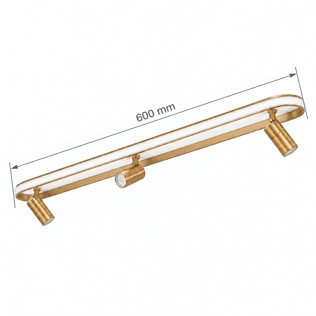 Gold-Toned Capsule-Frame 3-Spot Picture Light, 600 mm dimension view showing capsule loop major-axis length 600 mm