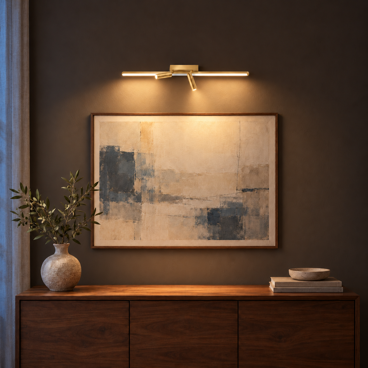 Gold-Toned Linear Picture Light with 2 Spots, 400 mm illuminated in the same residential interior at night