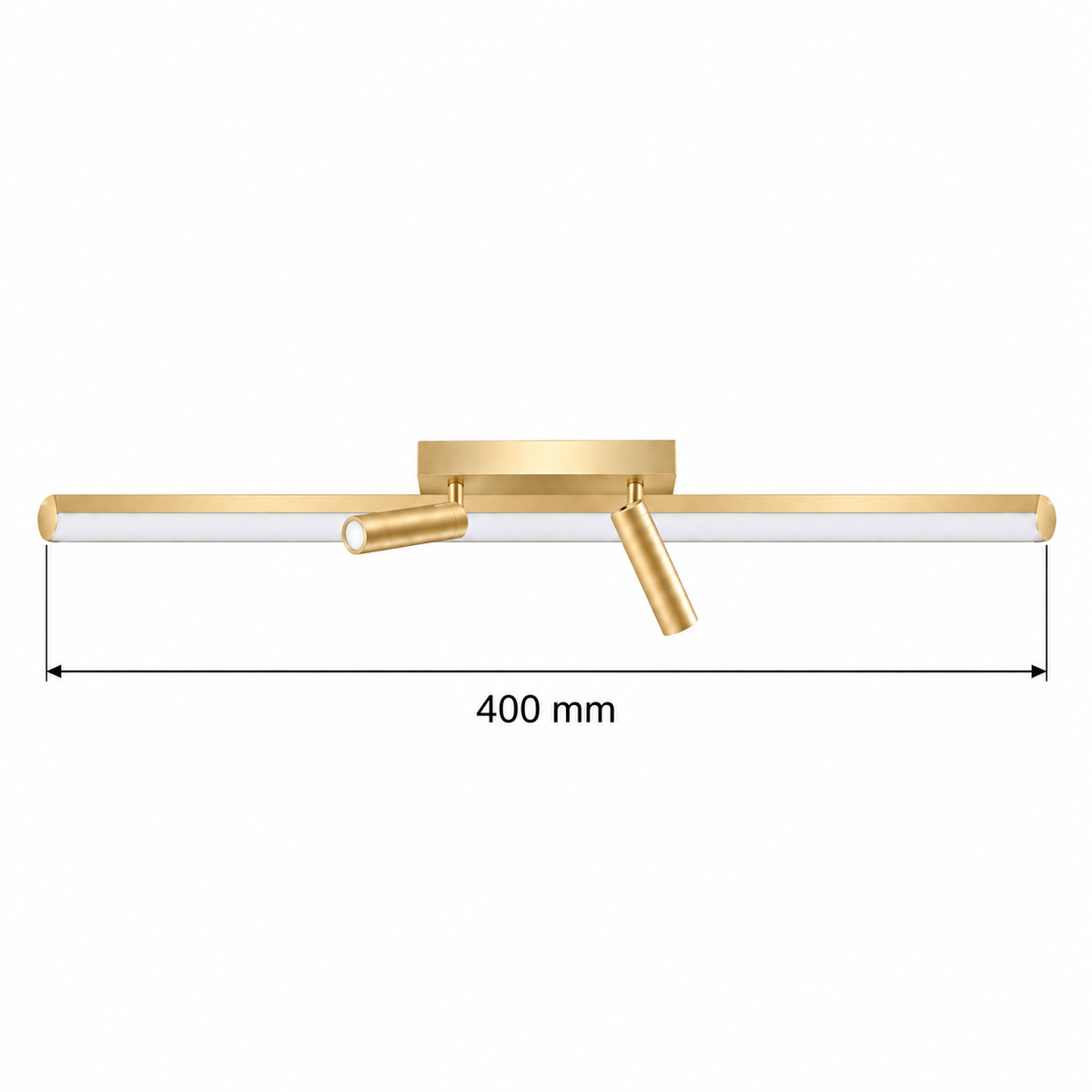 Gold-Toned Linear Picture Light with 2 Spots, 400 mm dimension view showing overall bar length 400 mm