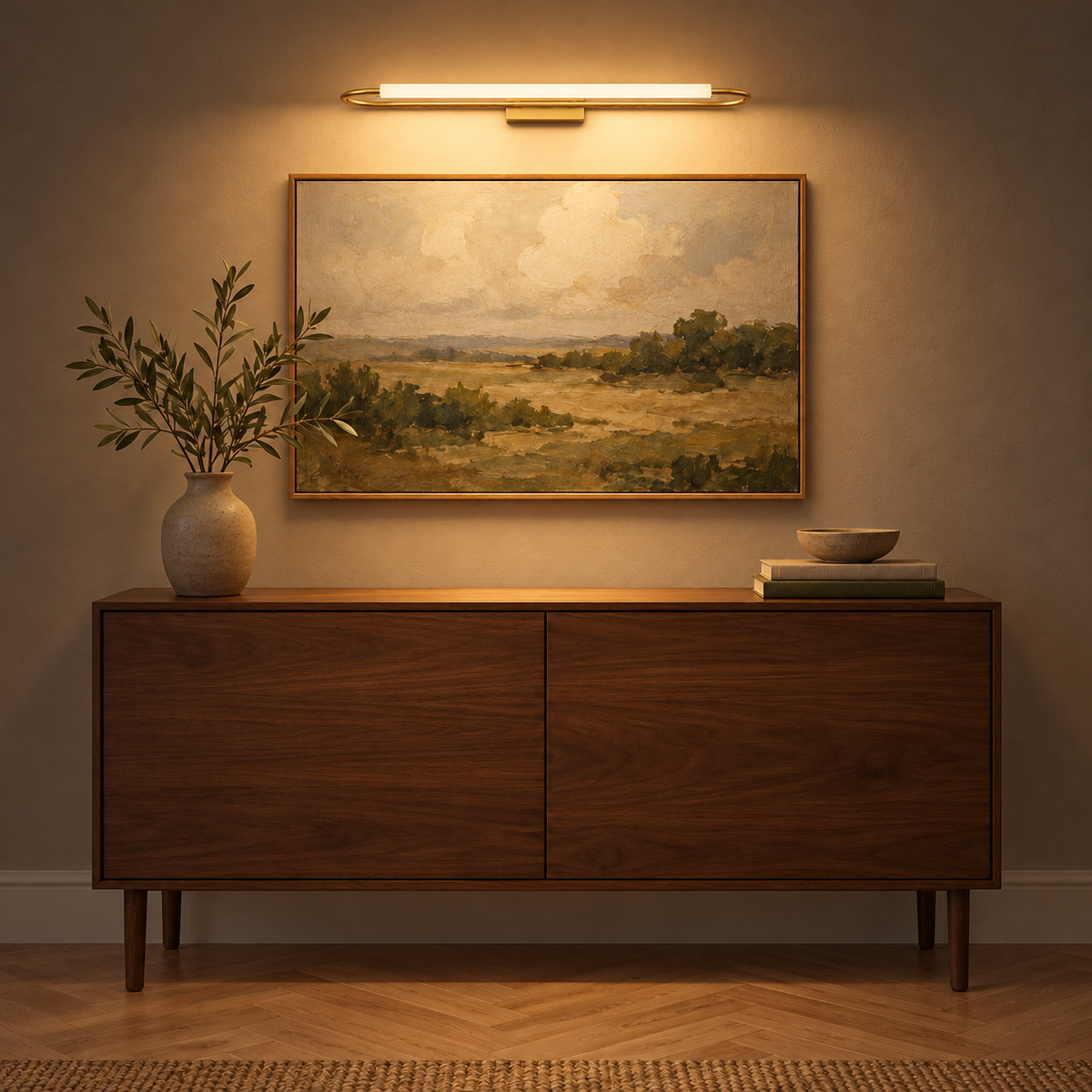 Gold-Toned Slim Oval-Loop Picture Light, 500 mm illuminated in the same residential interior at night