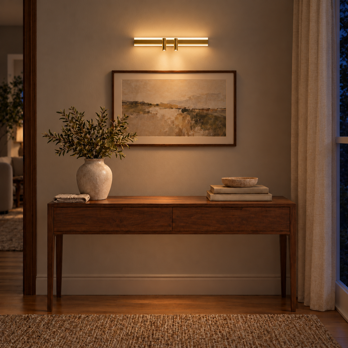Gold-Toned Broad-Bar Picture Light with 2 Spots, 420 mm illuminated in the same residential interior at night