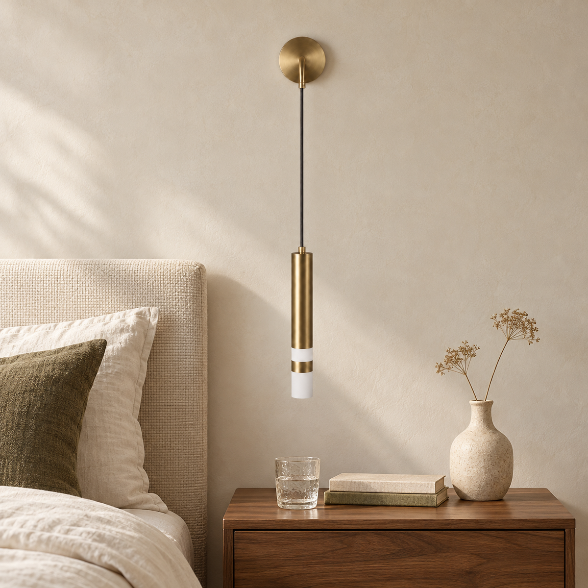 Gold-Toned Hanging Cylinder Wall Light installed in a residential interior in daylight, light off