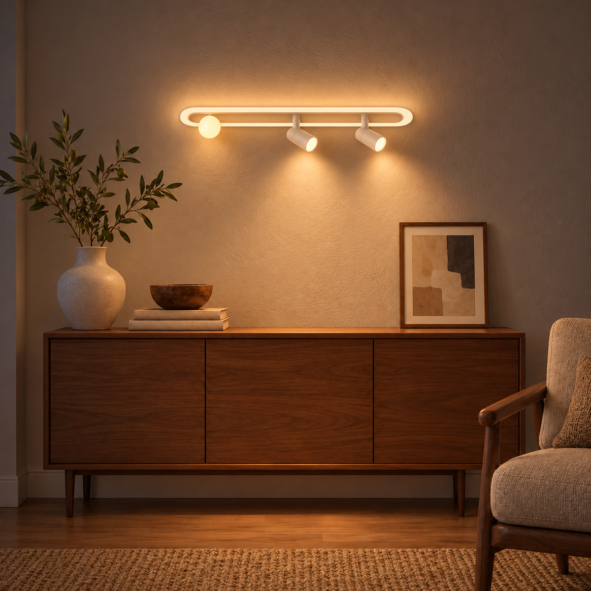 White Capsule Picture Light with 2 Spots, 600 mm illuminated in the same residential interior at night