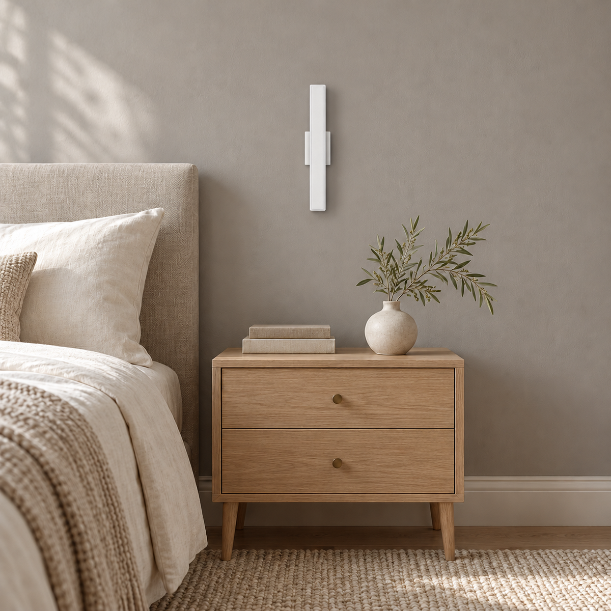 White Single-Bar Wall Light, 350 mm installed in a residential interior in daylight, light off