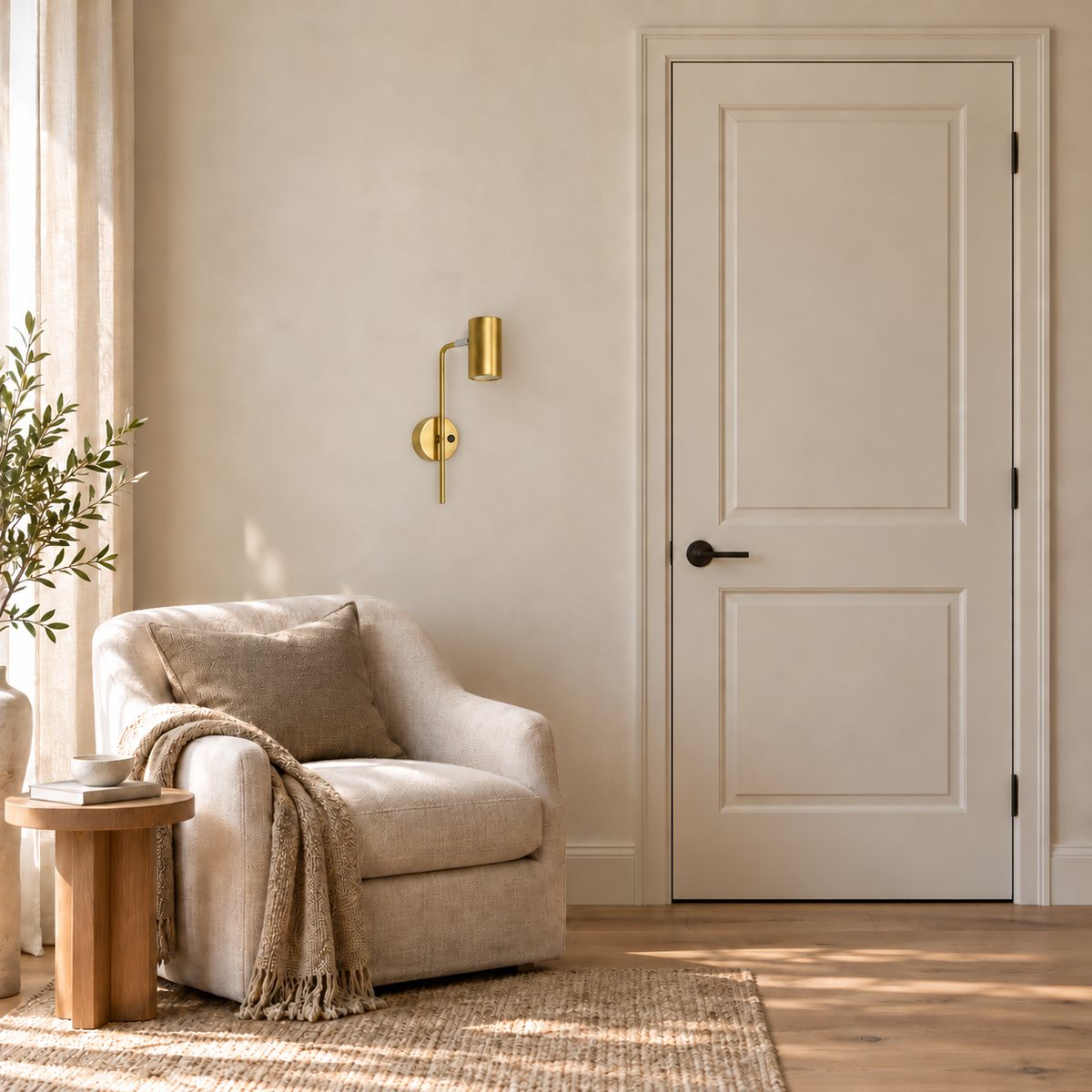 Slender Stem Cylinder Reading Wall Light, switched off in a daylight interior setting.