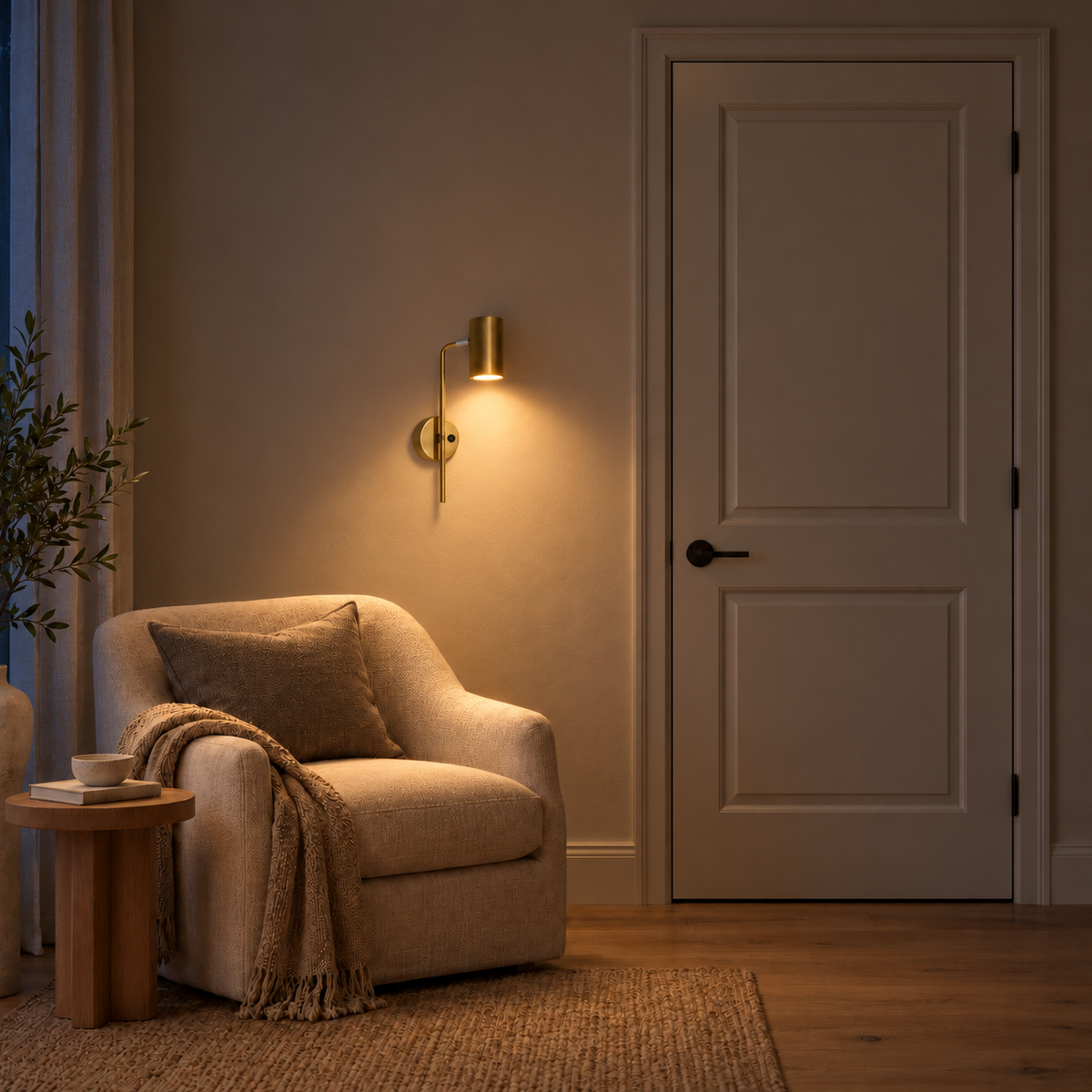 Slender Stem Cylinder Reading Wall Light, illuminated in a nighttime interior setting.