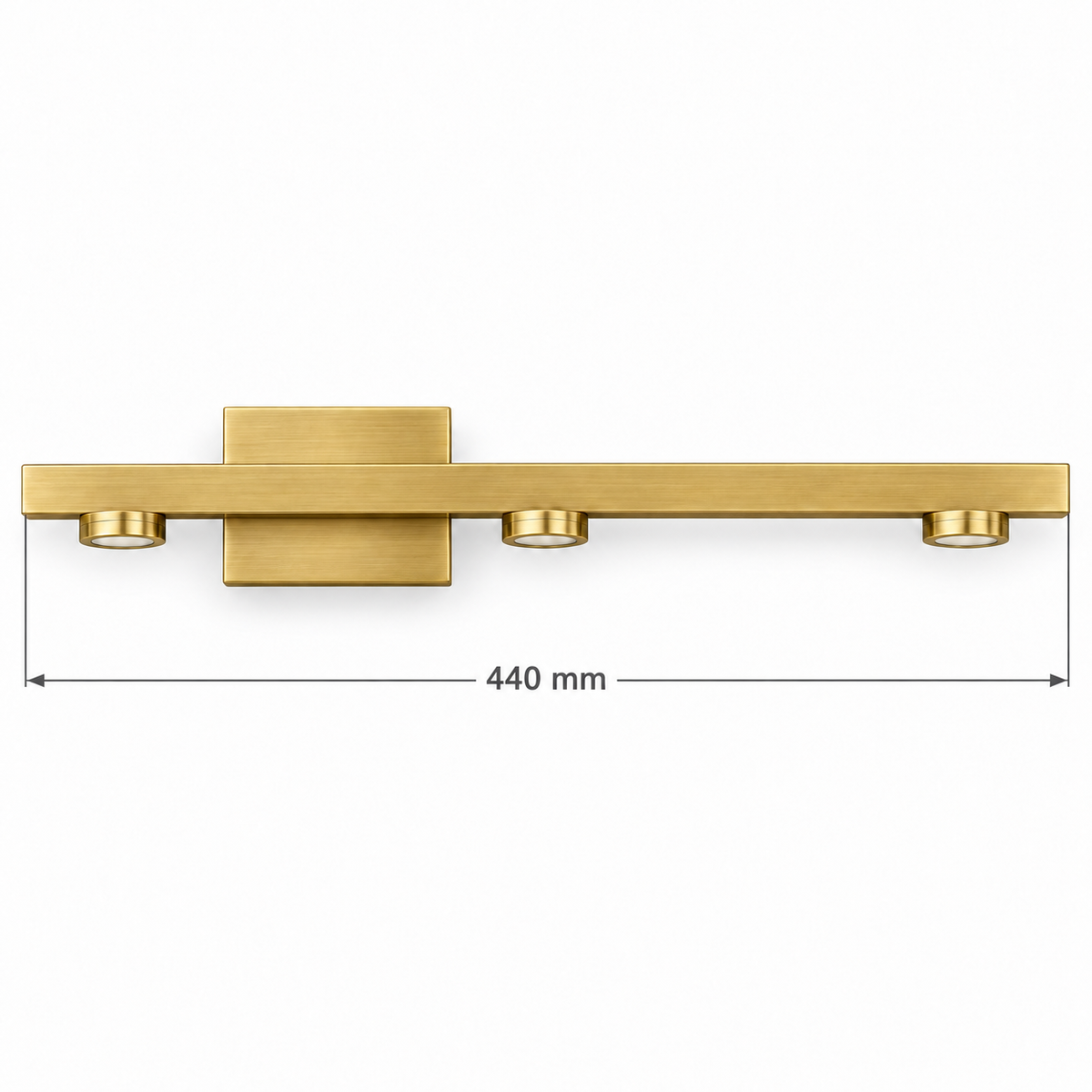 Gold-Toned 3-Spot Picture Light, 440 mm dimension view showing overall bar length 440 mm