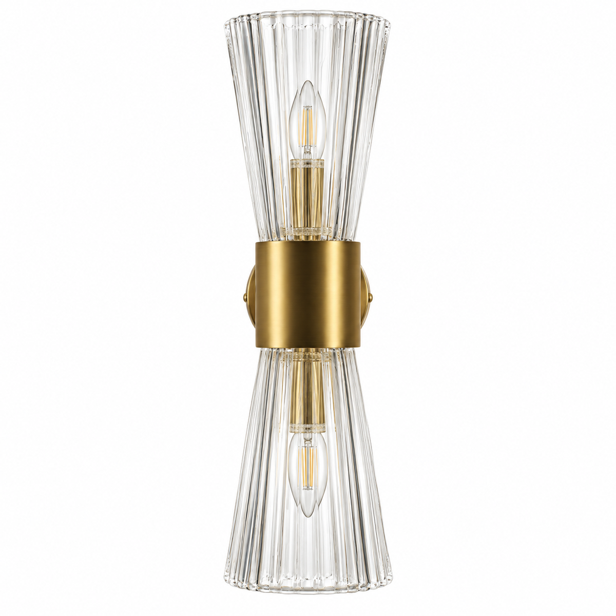 Gold-Toned Ribbed Glass 2-Light Wall Sconce, 460 mm with the light off on a white background