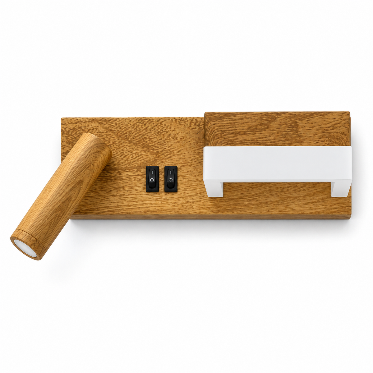 Woodgrain-effect horizontal wall light with a left cylindrical reading head, right block light and two black switches, switched off against a white studio background.