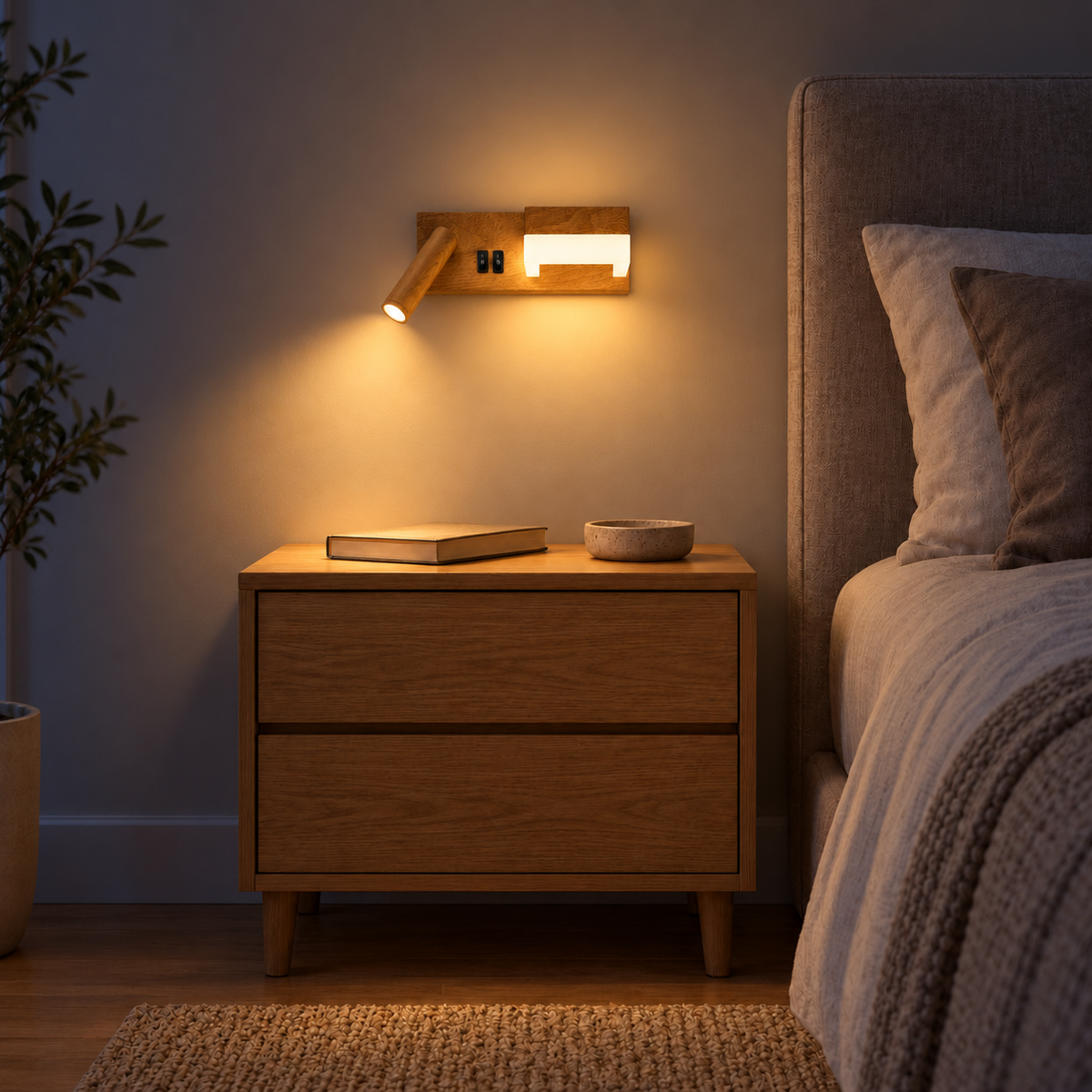 Woodgrain-effect horizontal wall light with a left cylindrical reading head, right block light and two black switches, illuminated in an interior setting at night.