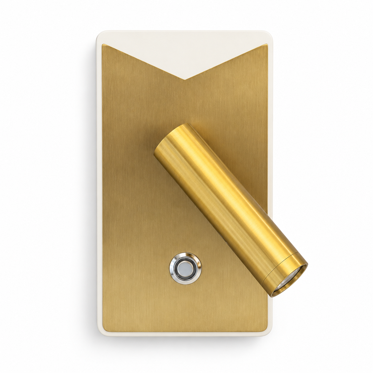 Antique gold-toned rectangular wall light with a V-shaped top detail, angled cylindrical head and round touch switch, switched off against a white studio background.