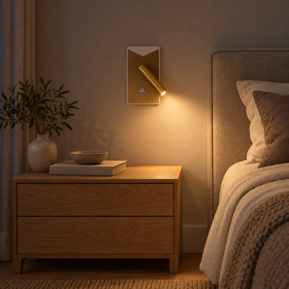 Antique gold-toned rectangular wall light with a V-shaped top detail, angled cylindrical head and round touch switch, illuminated in an interior setting at night.