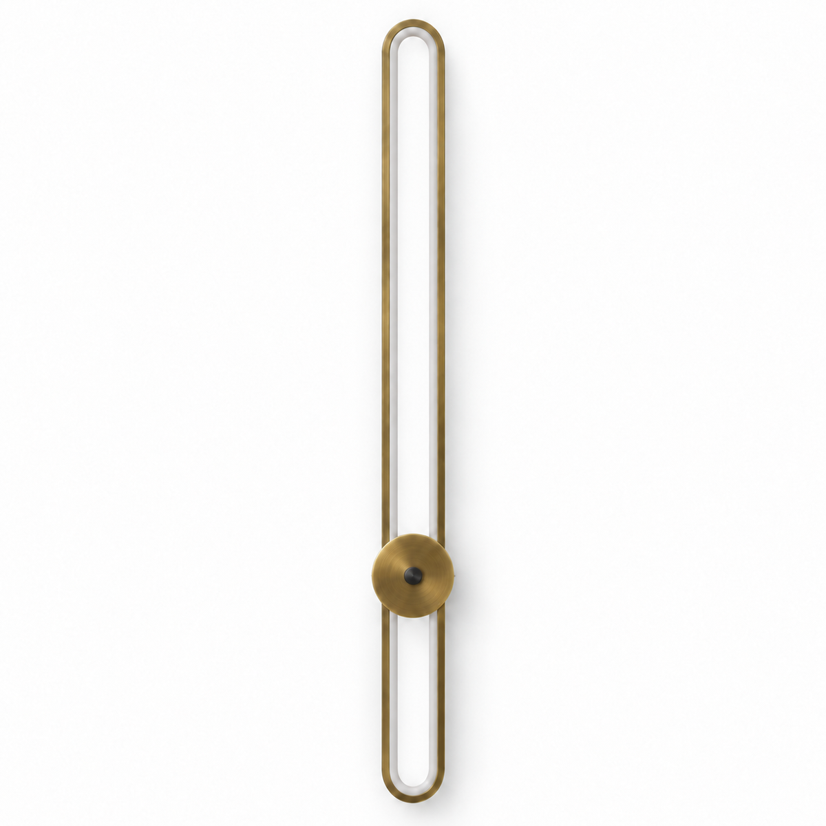 Tall antique gold-toned capsule wall light with a round disc below the centre, switched off against a white studio background.