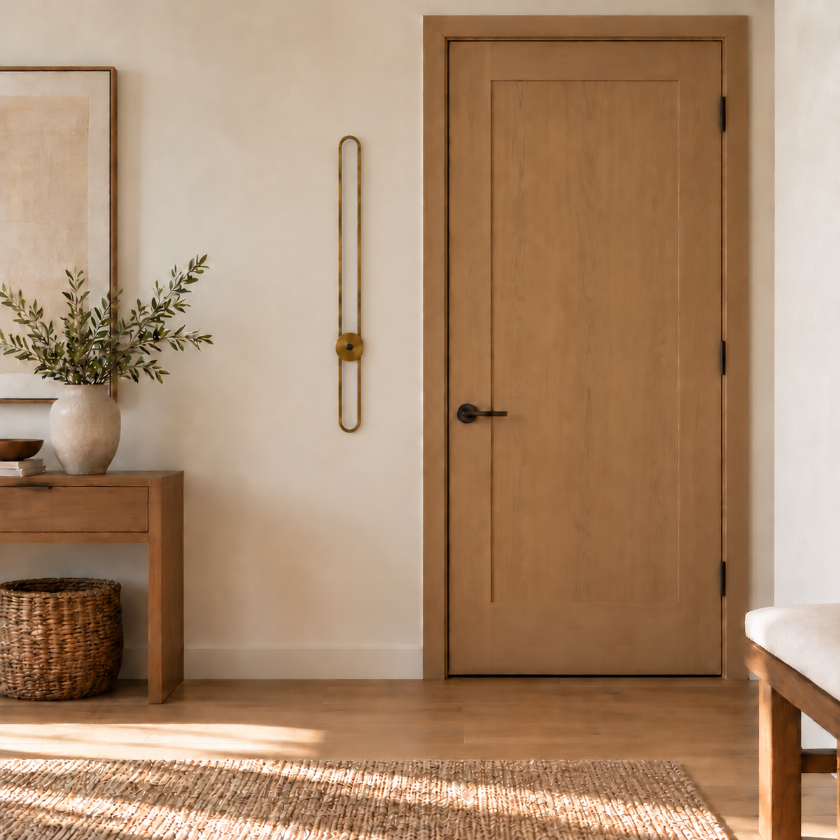 Tall antique gold-toned capsule wall light with a round disc below the centre, switched off in a daylight interior setting.