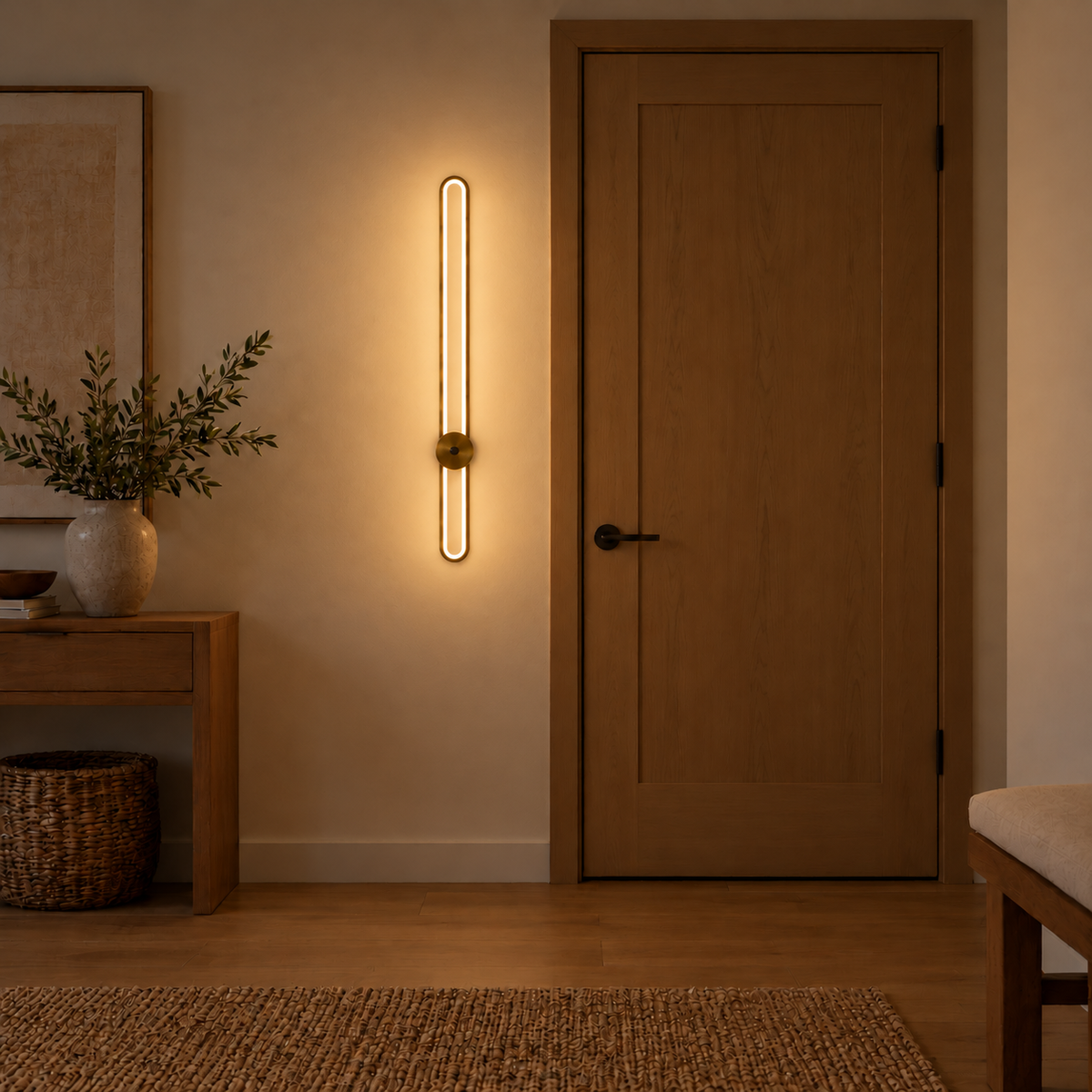 Tall antique gold-toned capsule wall light with a round disc below the centre, illuminated in an interior setting at night.