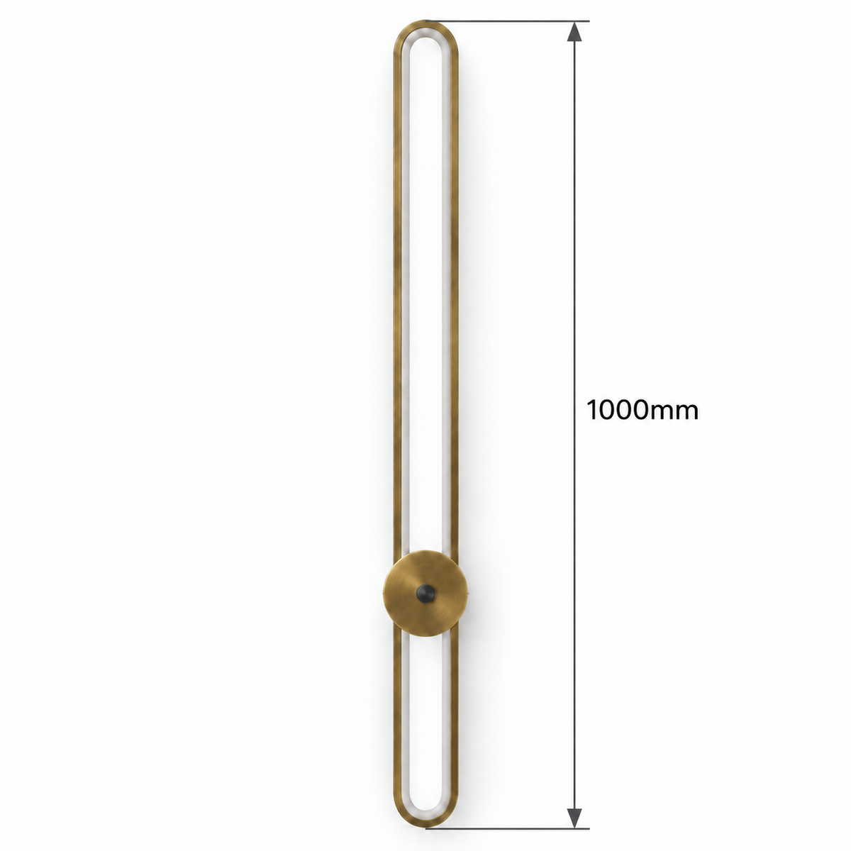 Tall antique gold-toned capsule wall light with a round disc below the centre dimension diagram showing 1000 mm overall height.