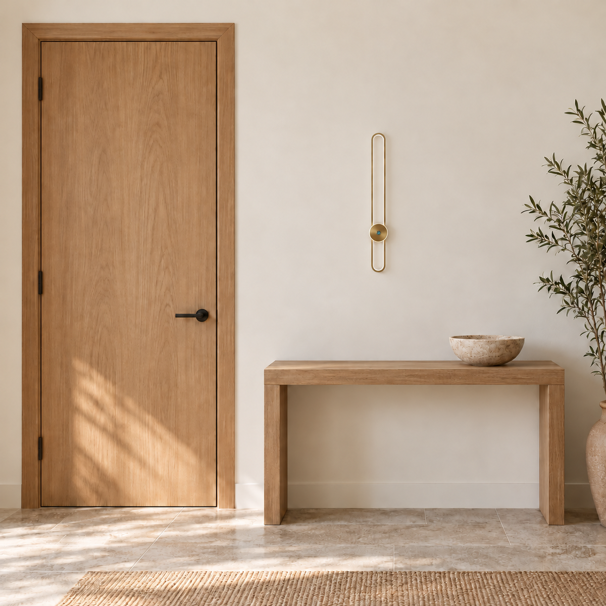Antique gold-toned slender capsule loop wall light with a round lower disc, switched off in a daylight interior setting.
