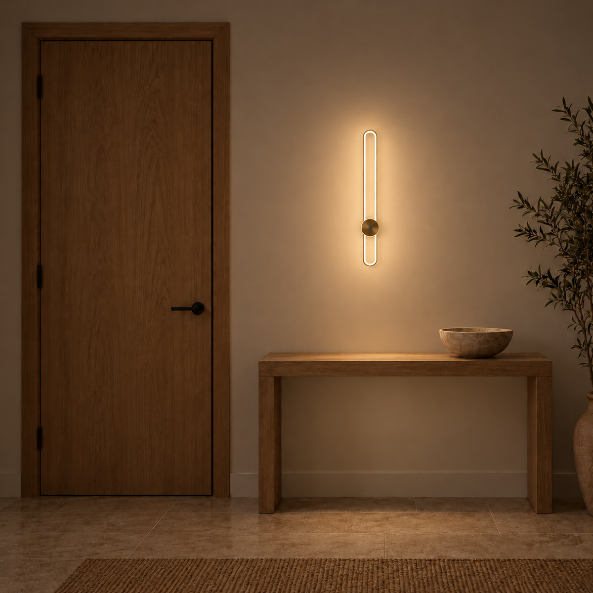 Antique gold-toned slender capsule loop wall light with a round lower disc, illuminated in an interior setting at night.