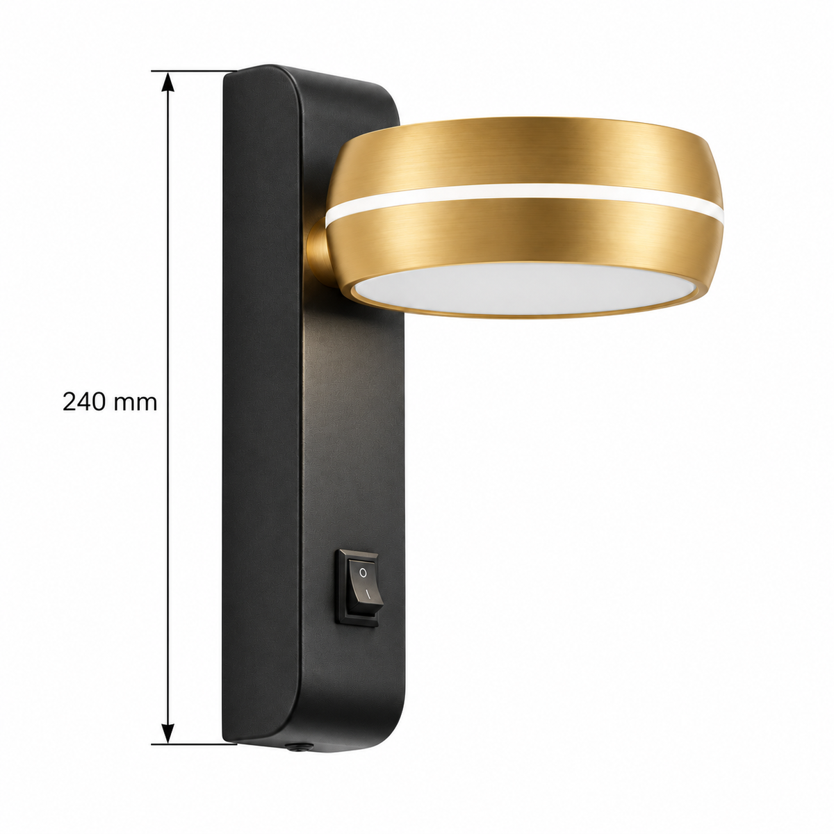Black and gold-toned wall light with a shallow drum head, pale band and rocker switch on a tall backplate dimension diagram showing 240 mm overall height.