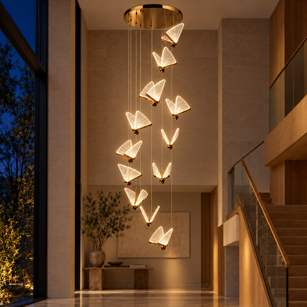 Butterfly Cascade Chandelier — illuminated evening view