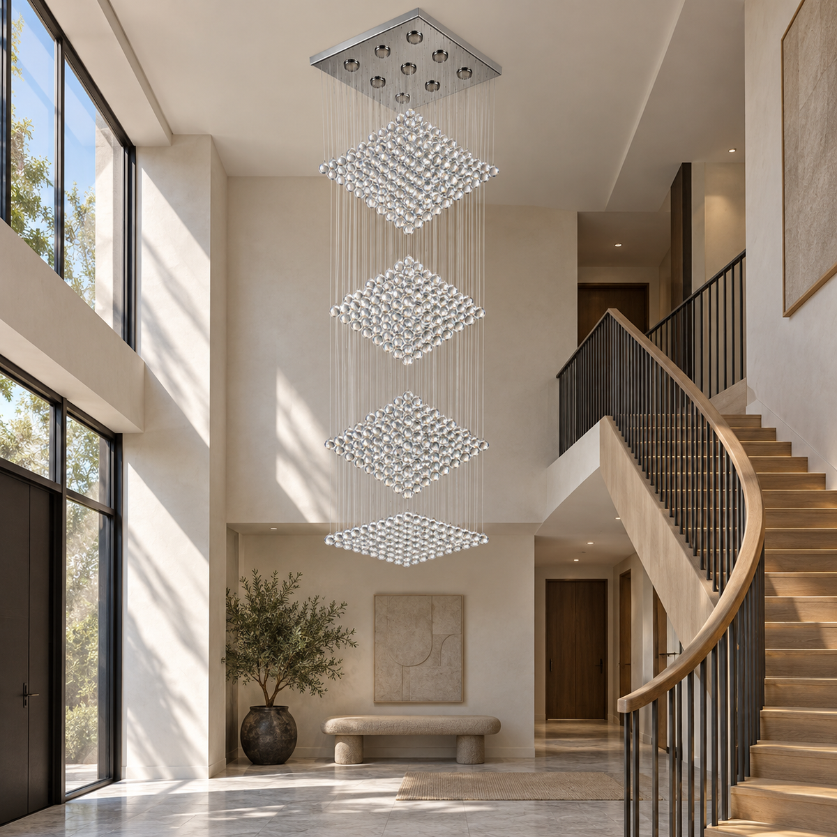 Crystal Geometry Cascade Chandelier — daytime interior view