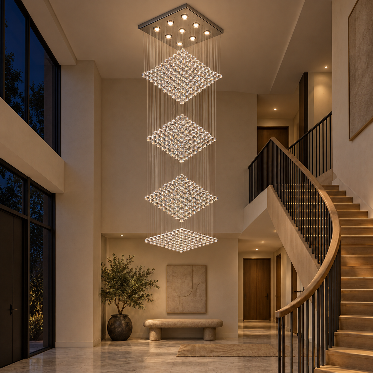Crystal Geometry Cascade Chandelier — illuminated evening view