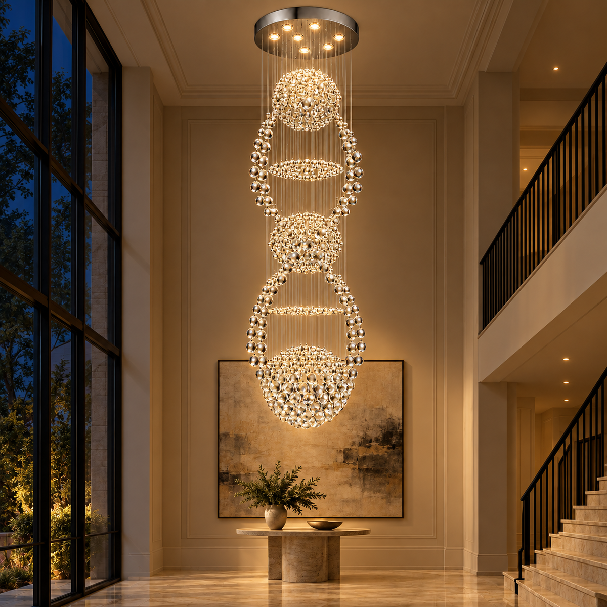 Crystal Orbit Cascade Chandelier — illuminated evening view