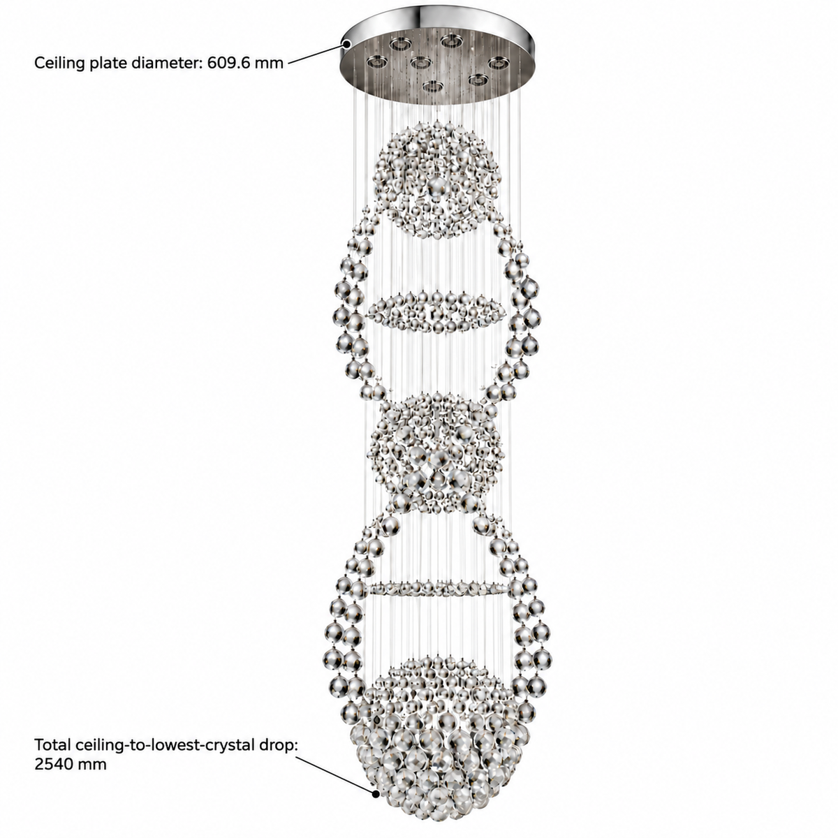 Crystal Orbit Cascade Chandelier — dimension guide
