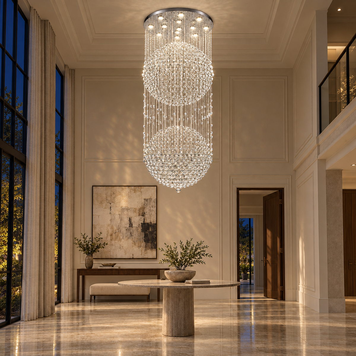 Twin Sphere Crystal Cascade Chandelier — illuminated evening view