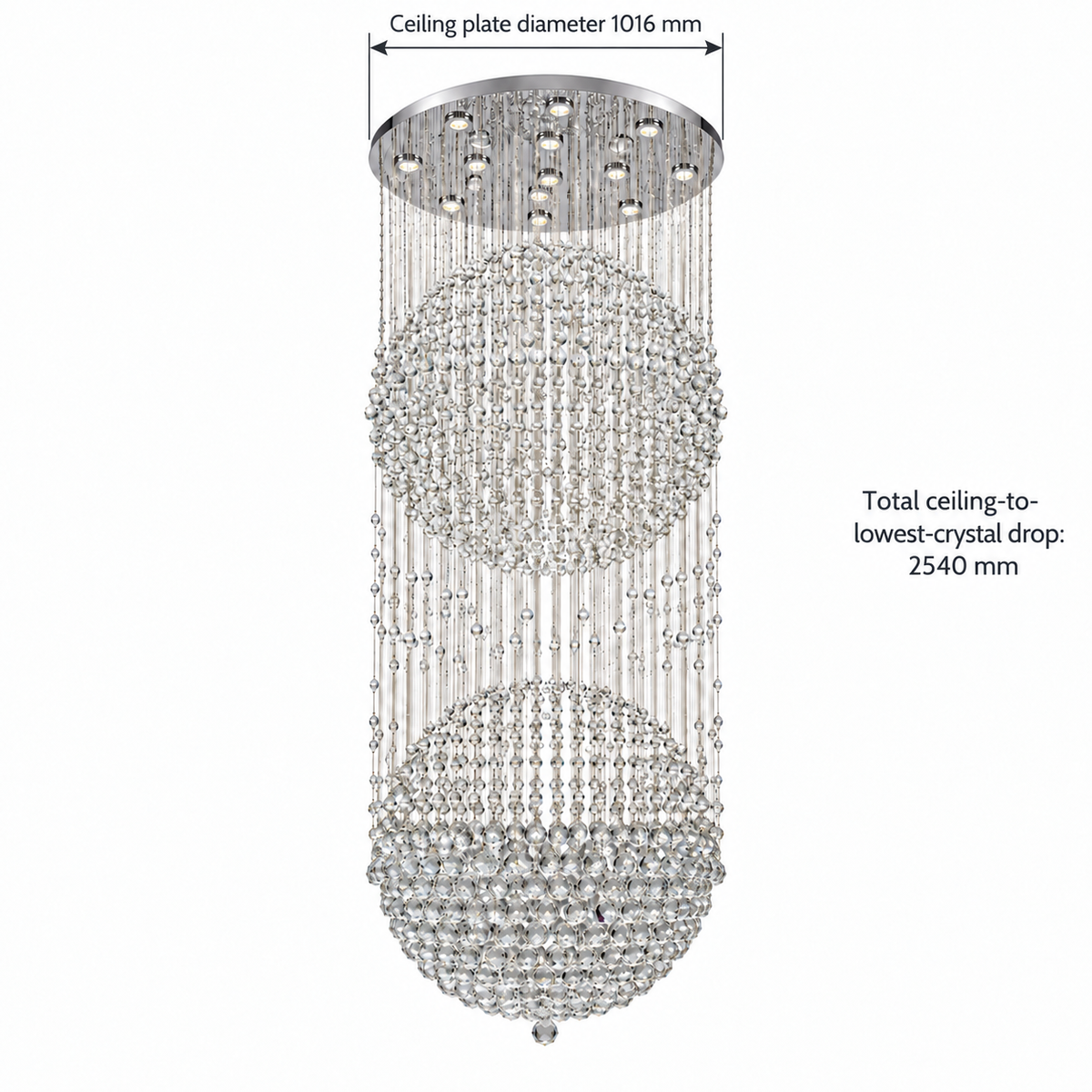 Twin Sphere Crystal Cascade Chandelier — dimension guide