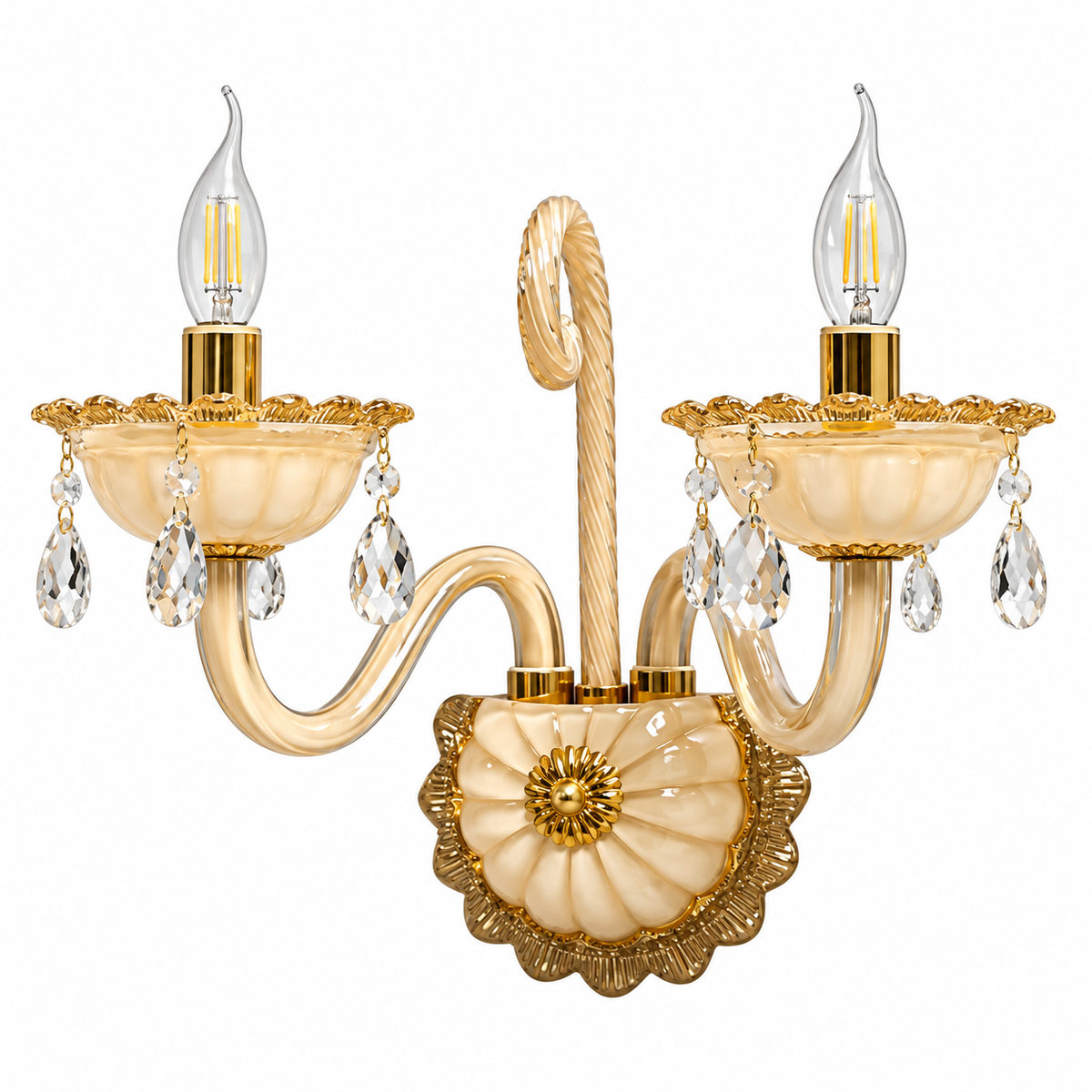 Twin arm amber-toned glass wall light with clear crystal drops and a flower-shaped gold-tone back detail, switched off against a white background