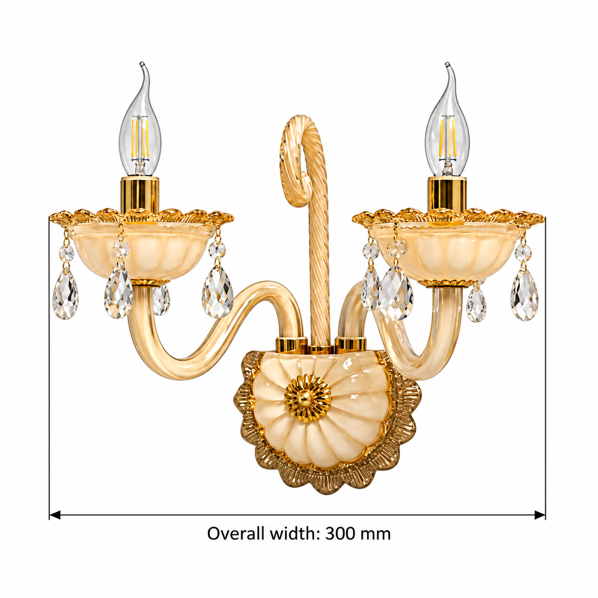Amber glass crystal drop wall light dimension guide showing full outer-fitting width 300 mm
