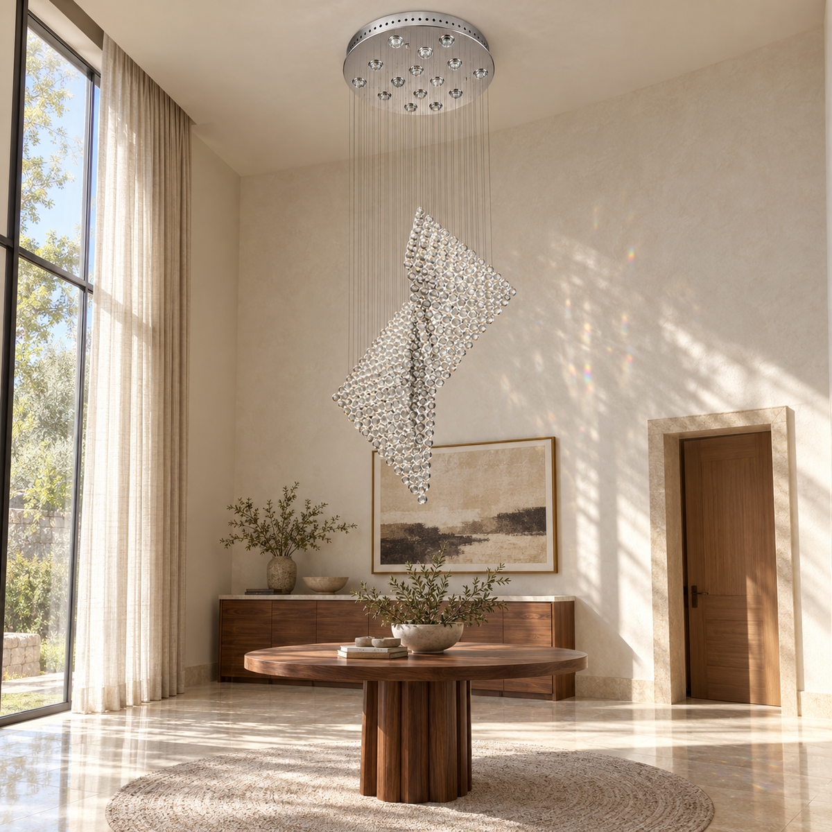DK7282--32''X84‘’ crystal-ball spiral cascade chandelier in a daylight interior.