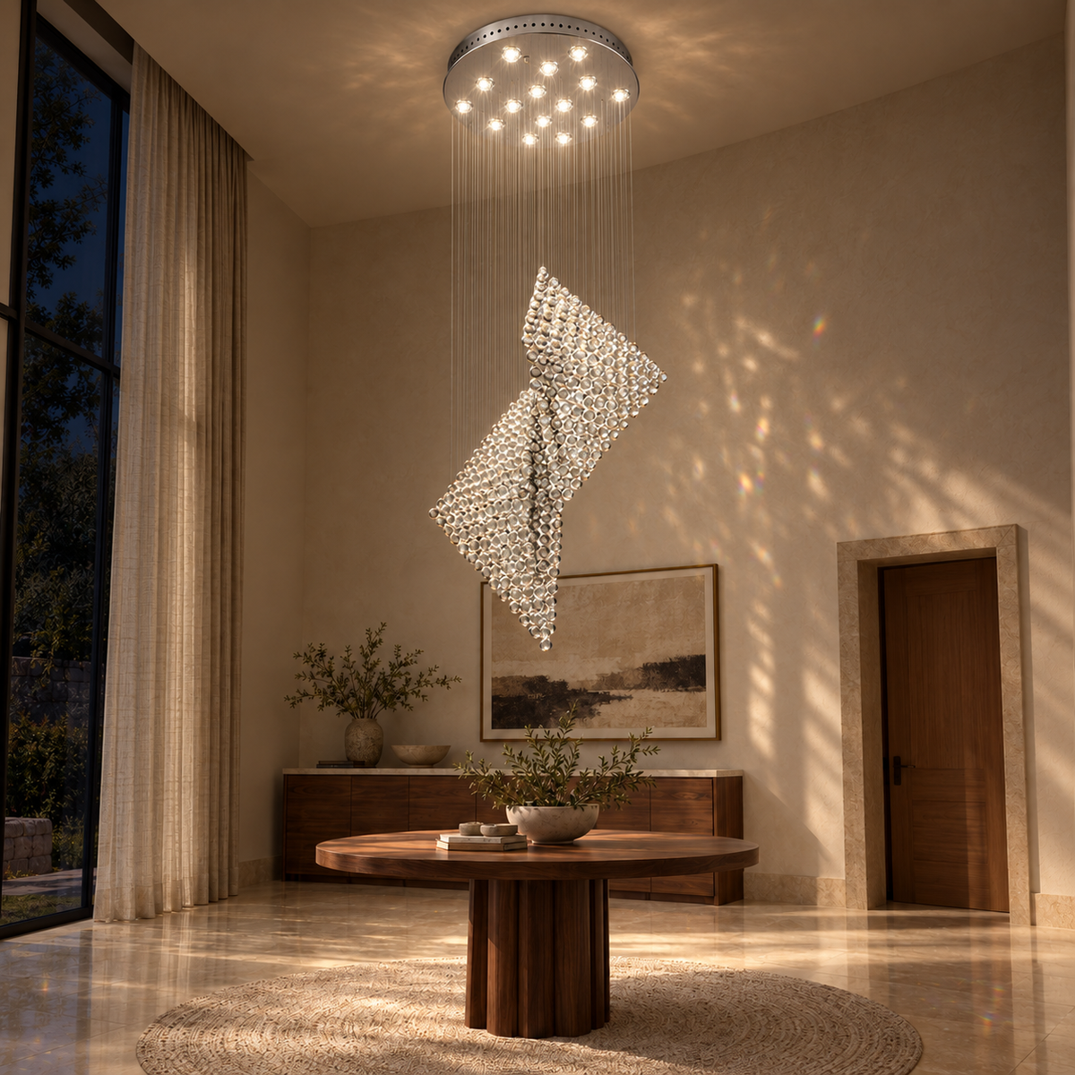 DK7282--32''X84‘’ crystal-ball spiral cascade chandelier illuminated in a night interior.