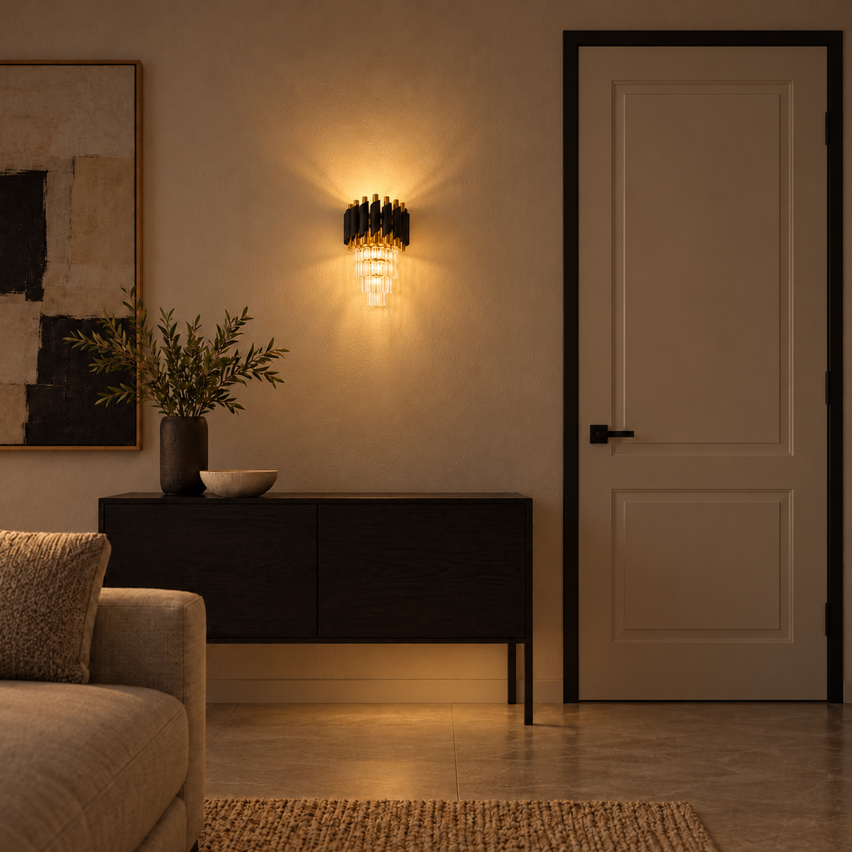 Black and Gold Tube Cascade Wall Light illuminated above a black sideboard beside a cream door with dark trim at night