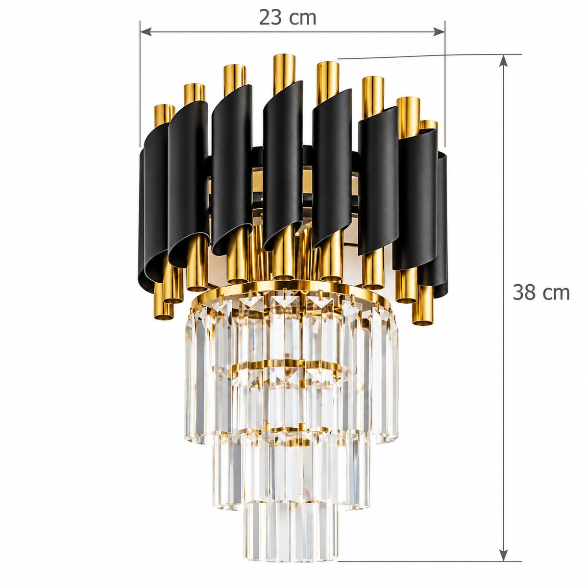 Black and Gold Tube Cascade Wall Light dimension guide showing 23 cm across the outer tube crown and 38 cm from the highest tube to the lowest hanging rod