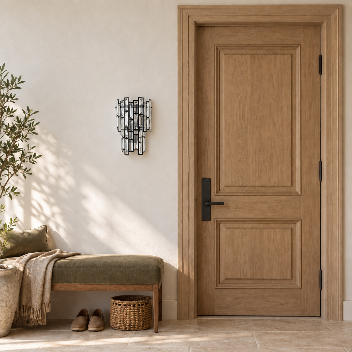 Black cascade wall light switched off beside a timber door and upholstered bench in a sunlit entryway.