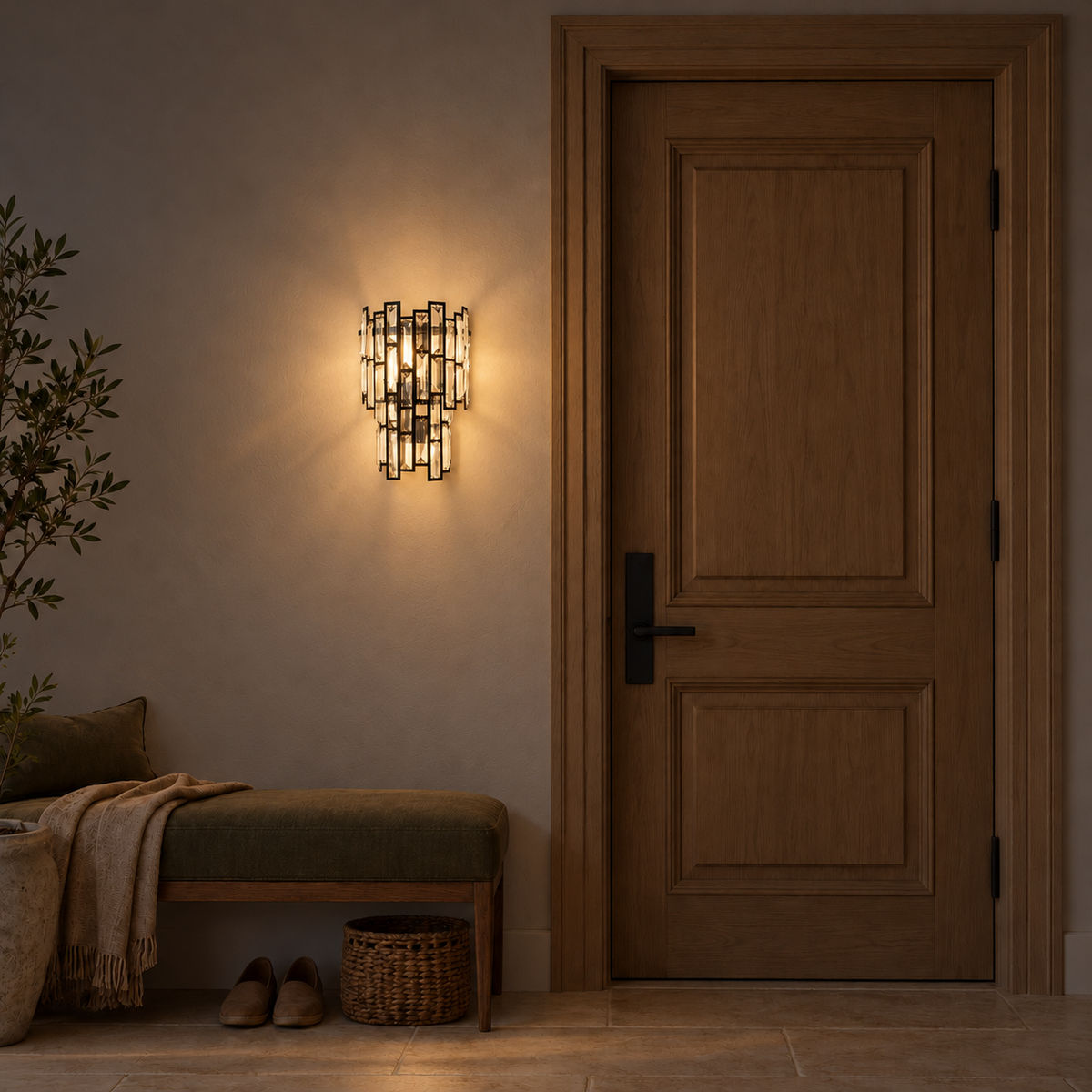 Black cascade wall light illuminated beside a timber door and upholstered bench at night.