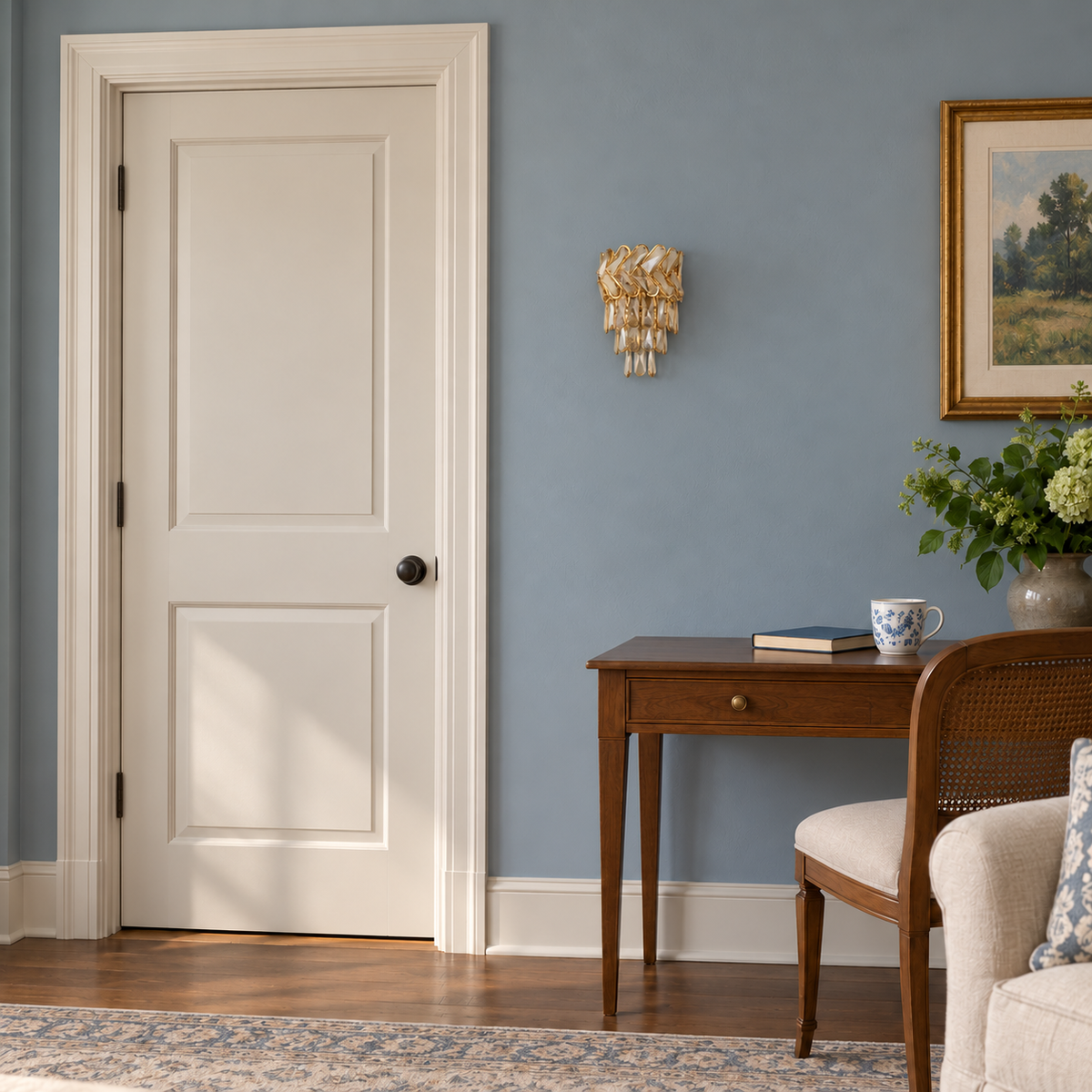 Gold chevron cascade wall light switched off on a blue wall beside a white door and writing desk in daylight.