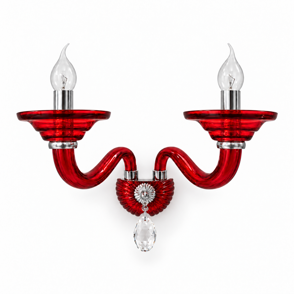 Ruby Red Twin Arm Glass Wall Light, switched off on a white studio background.