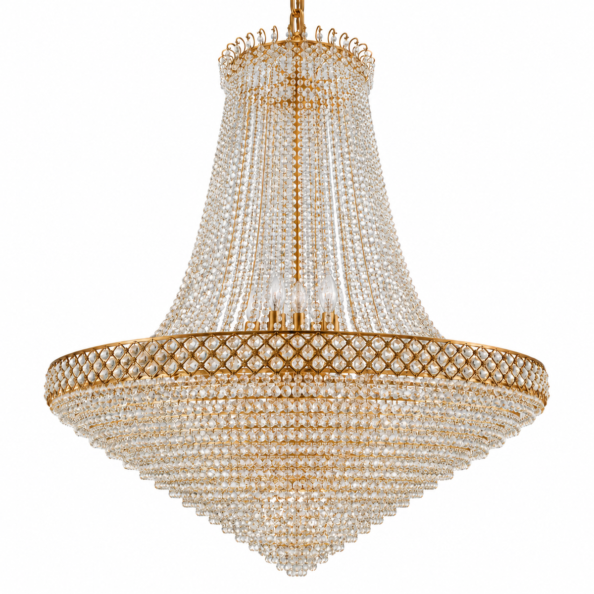 Gold-Tone Layered Beaded Basket Chandelier, 1200 mm shown unlit against a studio background