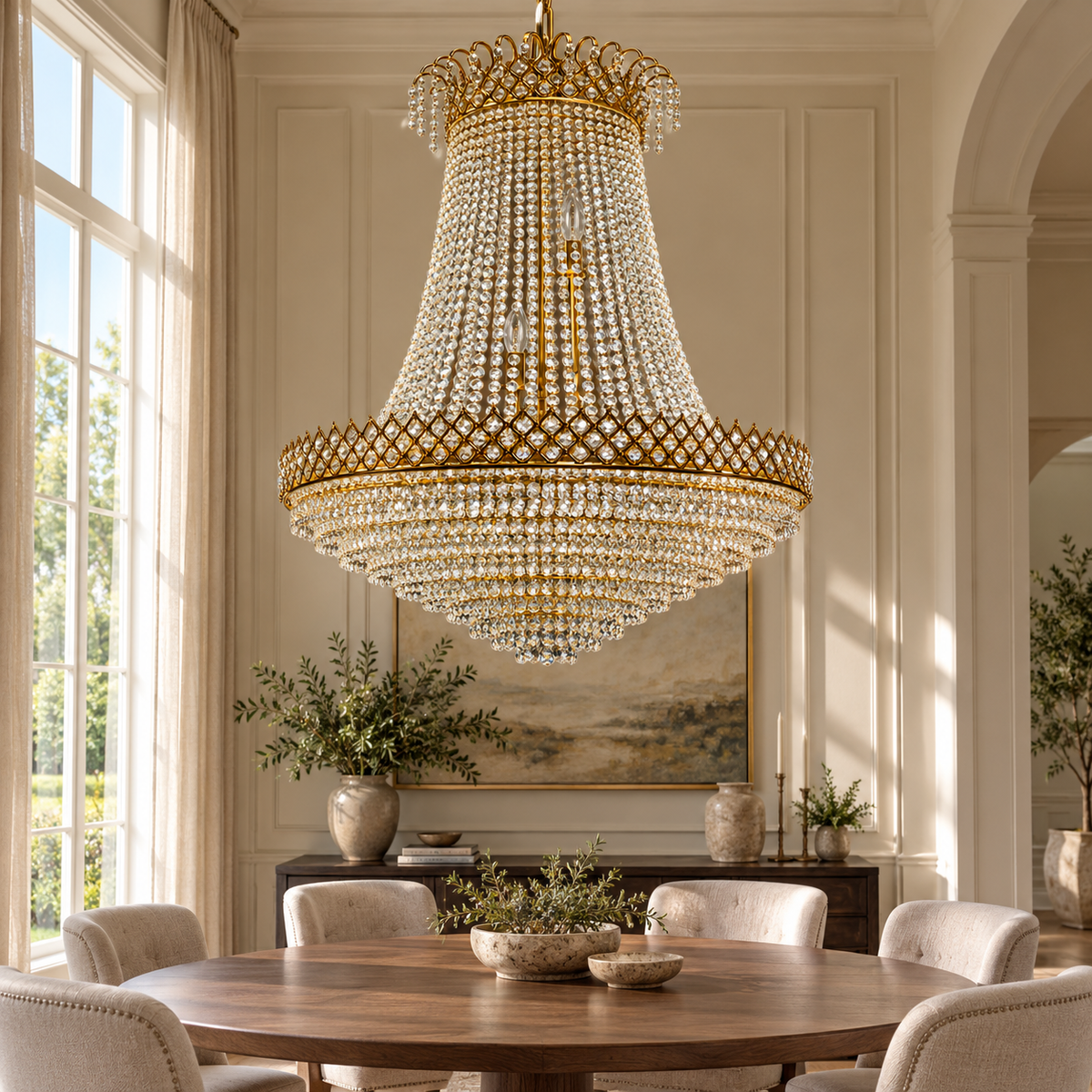 Gold-Tone Beaded Basket Chandelier shown unlit in a daytime interior